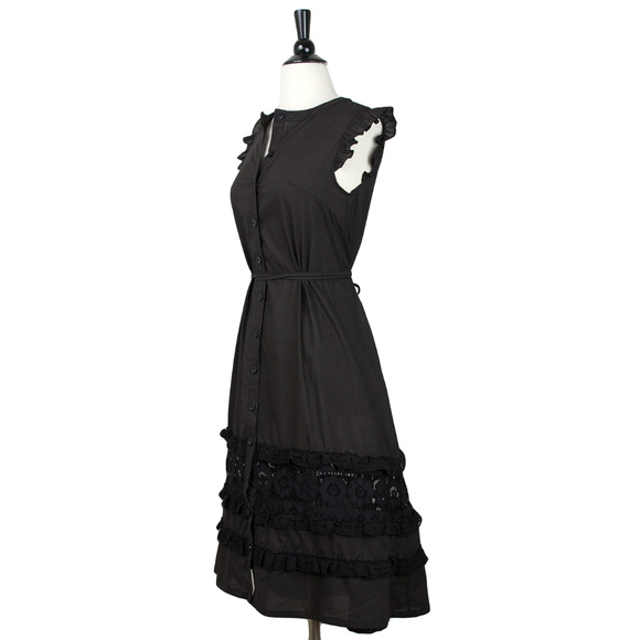 Frock Shop | Black Button Front Lace Hem Dress - Picture 2 of 4